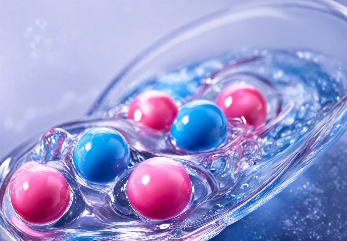 Macro view of blue and pink capsules floating in transparent gel